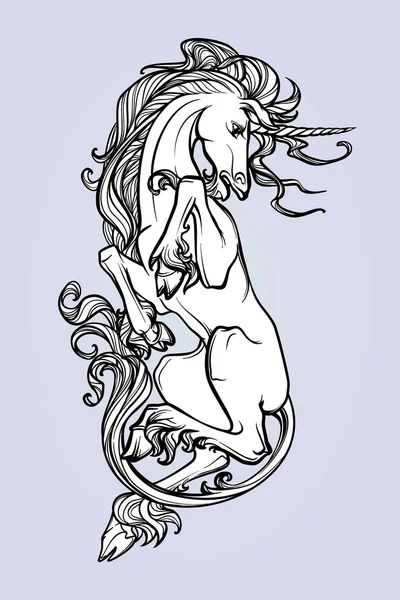 Unicornio acostado sobre su espalda. Arte conceptual de fantasía para tatuajes, logotipos, libros para colorear para niños y adultos. Dibujo en blanco y negro aislado sobre fondo . — Vector de stock