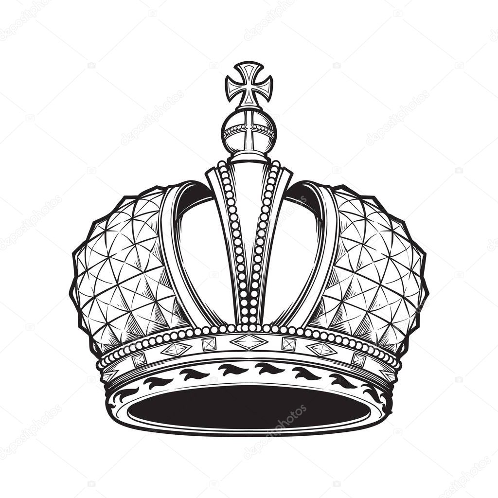 Filigree high detailed imperial crown. Element for design logo, emblem and tattoo. Vector illustration isolated on white background.