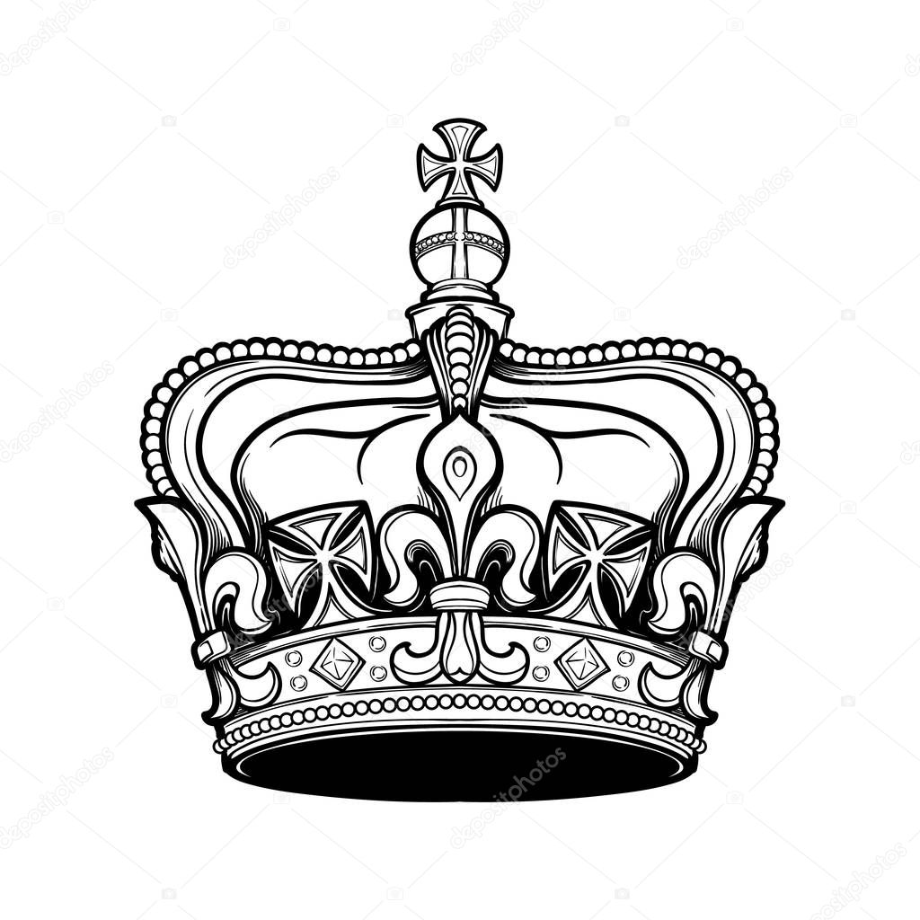 Filigree high detailed British imperial crown. Element for design logo, emblem and tattoo. Vector illustration isolated on white background Coloring book for kids and adults.