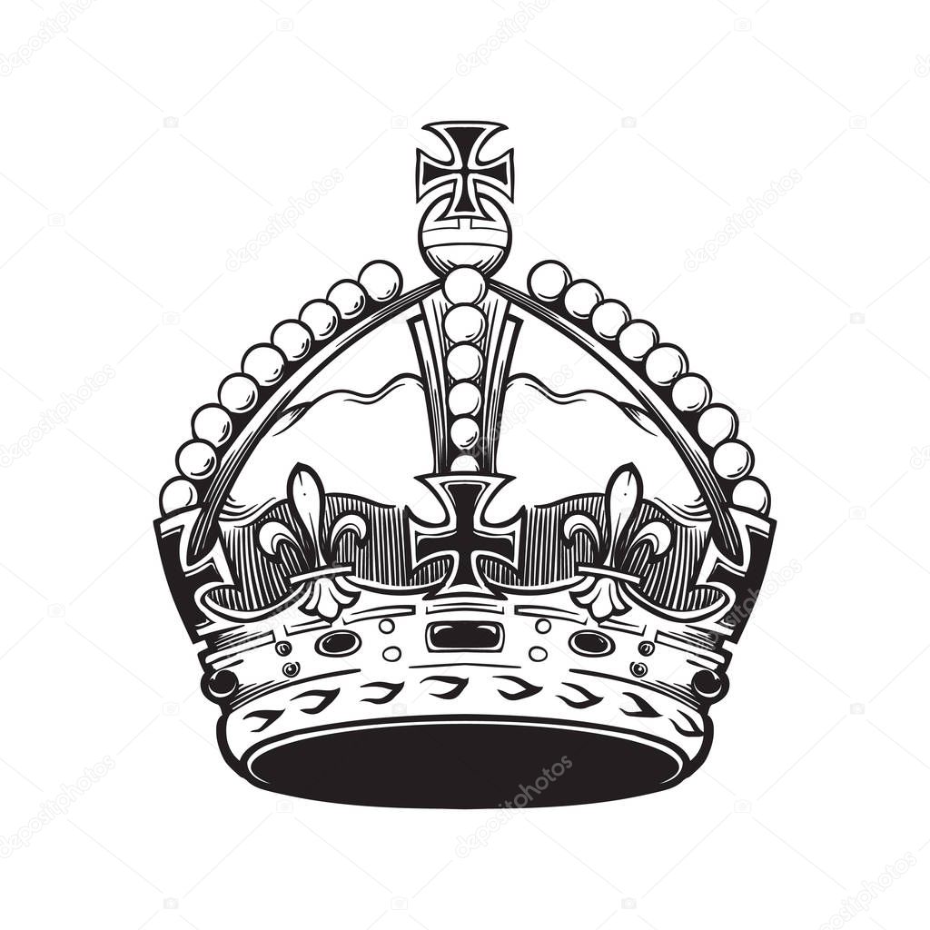Filigree high detailed British imperial crown. Element for design logo, emblem and tattoo. Vector illustration isolated on white background Coloring book for kids and adults.
