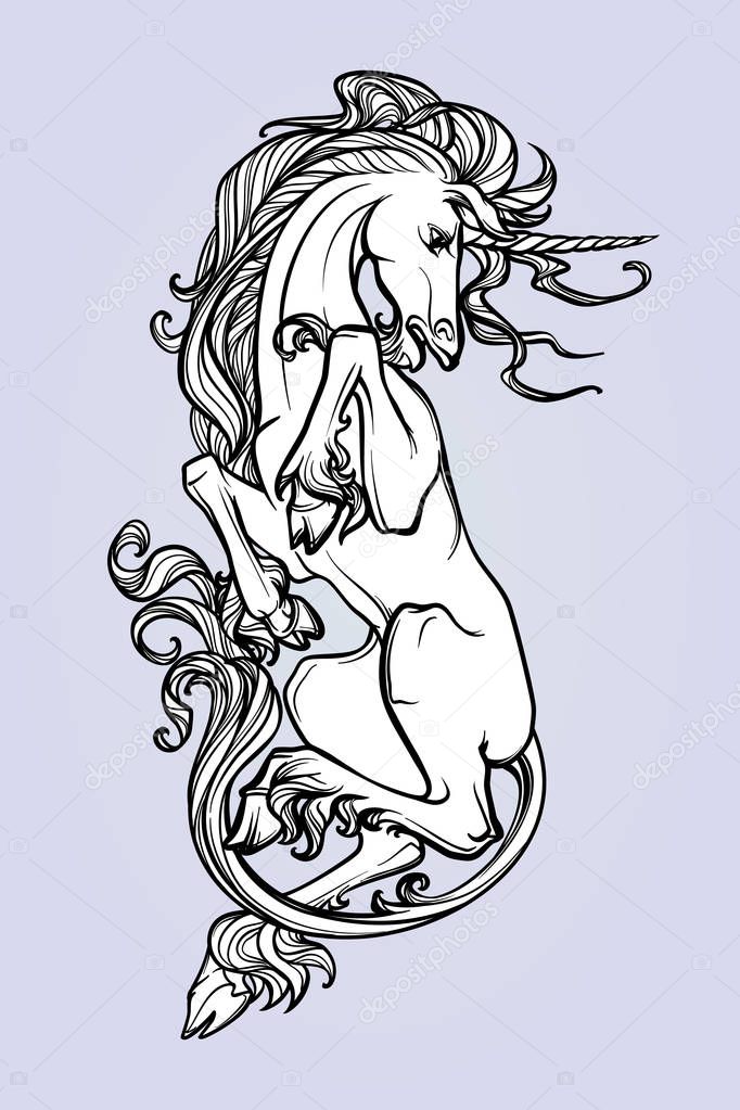 Unicorn laying on his back. Fantasy concept art for tattoo, logo, colouring books for kids and adults. Black and white drawing isolated on a background.