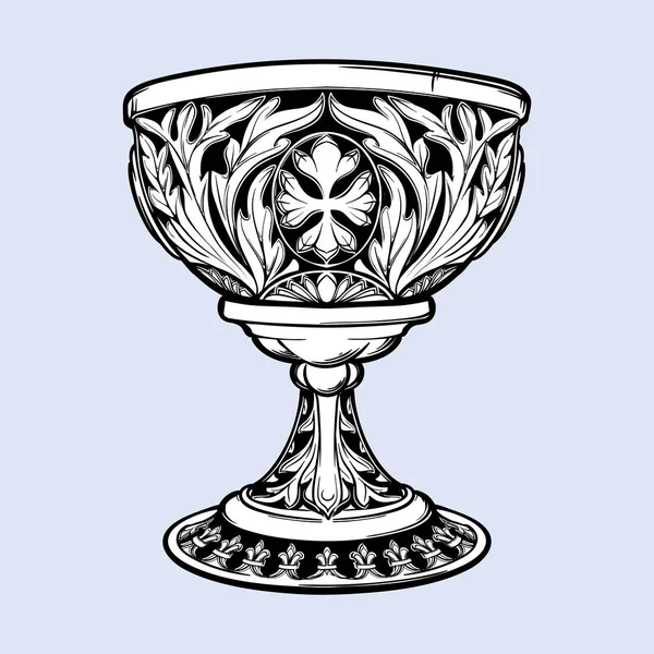 Decoratieve Goblet. Middeleeuwse gotische stijl concept art. Ontwerpelement. Een nd witte tekening geïsoleerd op grijze achtergrond zwart. — Stockvector