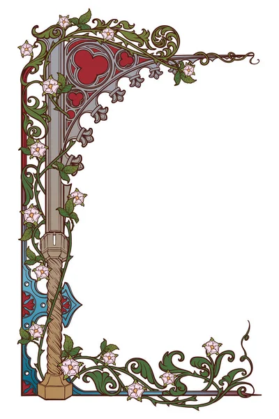 Rechteckiger Rahmen im mittelalterlichen Manuskriptstil. Spitzbogen im gotischen Stil, geflochten mit Rosengirlanden. vertikale Orientierung. — Stockvektor