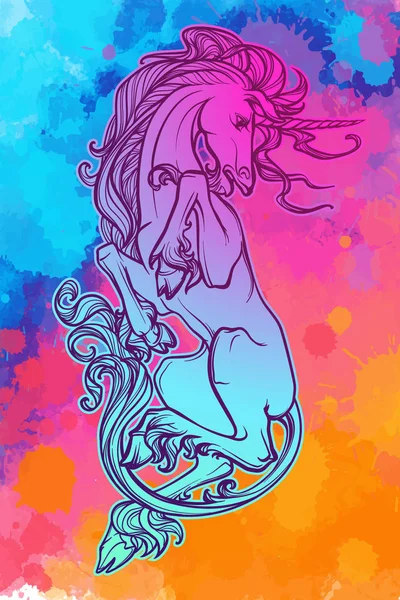 Unicorno sdraiato sulla schiena. Fantasia concept art per tatuaggio, logo — Vettoriale Stock