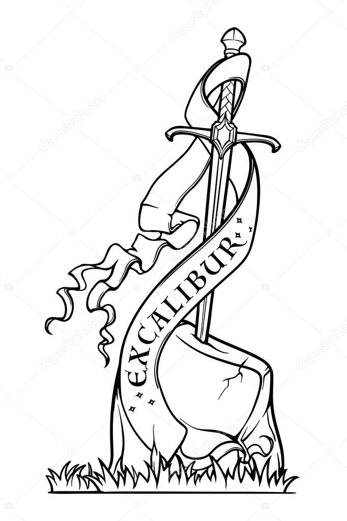 Excalibur Sword trapped in stone. Decorative banner. Iconic scene from the Medieval European stories about King Arthur.