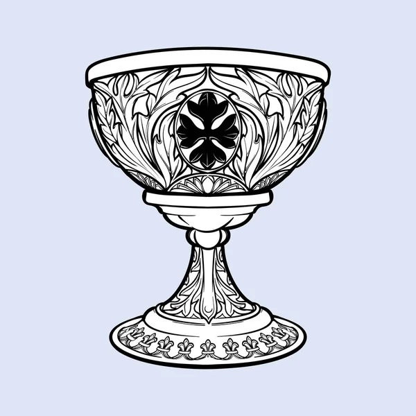 Decorative Goblet. Medieval gothic style concept art. Design element. Black a nd white drawing isolated on grey background. — Stock Vector