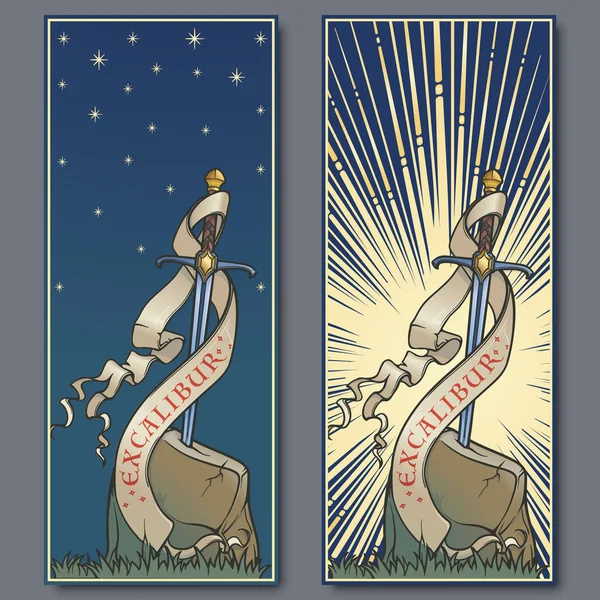 Excalibur svärd instängd i stenen. Dekorativa banner. Ikoniska scen från den medeltida Europeiska berättelser om kung Arthur. Vintage färgpalett. Uppsättning 2 vertikala affischer. — Stock vektor