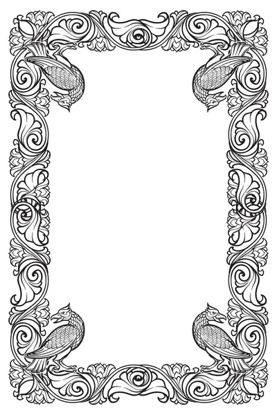 Marco rectangular floral con pájaros. Cuento de hadas estilo borde decorativo. Orientación vertical. Blanco y negro — Vector de stock