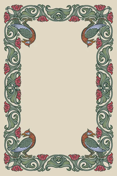 Virágos téglalap alakú keret a madarakkal. Mese stílus dekoratív határok. Függőleges tájolású. Vintage színes paletta. — Stock Vector