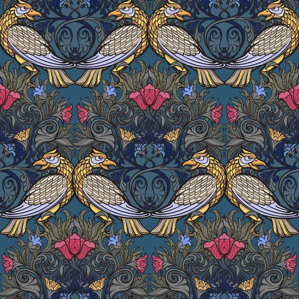 Composition florale décorative avec des coquelicots rouges stylisés, des coquillages et des oiseaux. Style gothique médiéval motif sans couture . — Image vectorielle