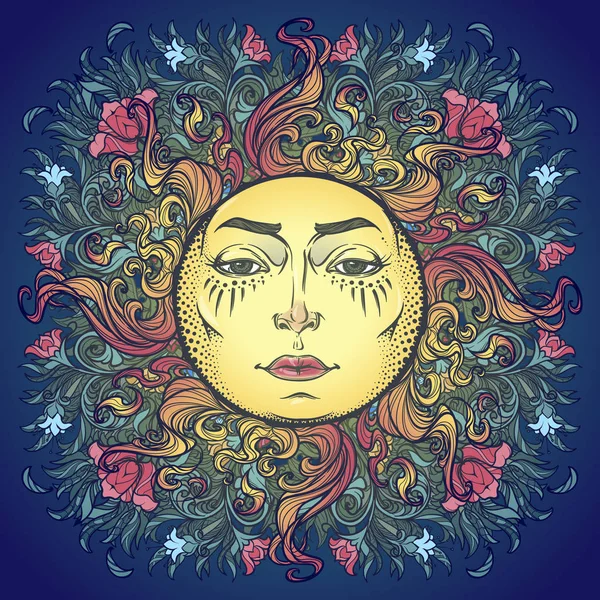 Composición decorativa con estilizado rostro humano sol, amapolas rojas y campanas azules . — Vector de stock