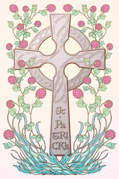 Pink clover in bloom and traditional celtic cross. St. Patricks day festive design. — Stock Vector