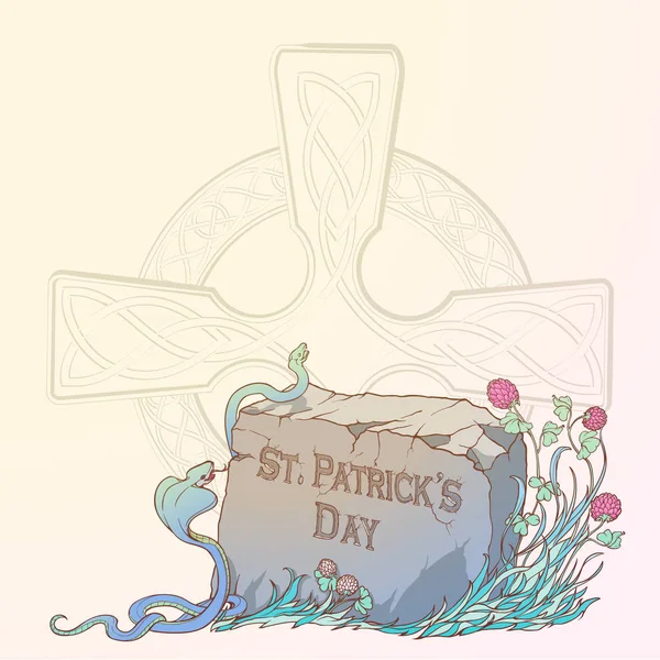 Trébol rosa en flor, serpientes y cruz celta tradicional. Día de San Patricio diseño festivo — Vector de stock