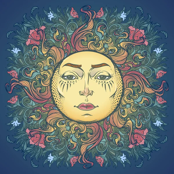 Composición decorativa con estilizado rostro humano sol, amapolas rojas y campanas azules . — Vector de stock