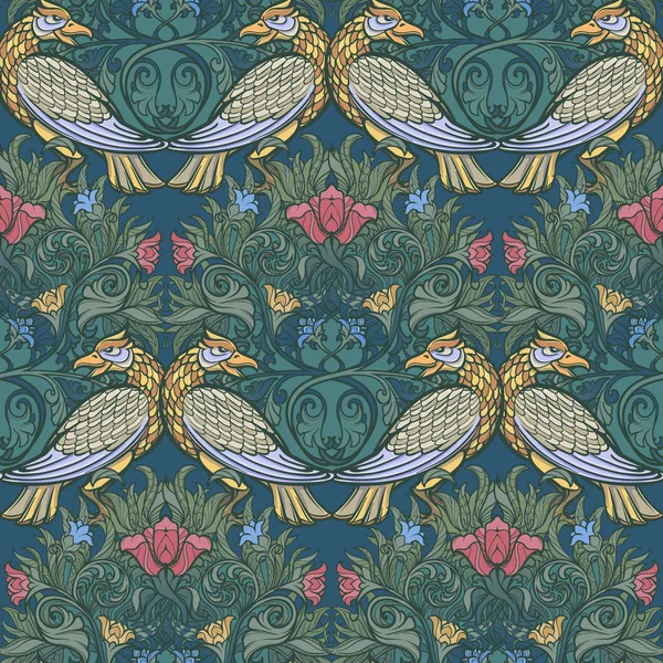 De samenstelling van de decoratieve bloem met gestileerde rode papavers, bluebells en vogels. Middeleeuwse gotische stijl naadloze patroon. — Stockvector