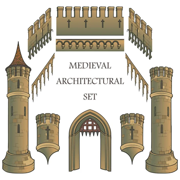 一套中世纪城堡建筑元素。无目的的结构。塔楼、城垛、大门。设计师套件. — 图库矢量图片