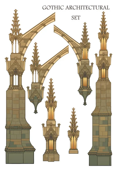 Conjunto dos elementos arquitetônicos góticos medievais. Amortecedores voadores, torres ornamentadas . — Vetor de Stock