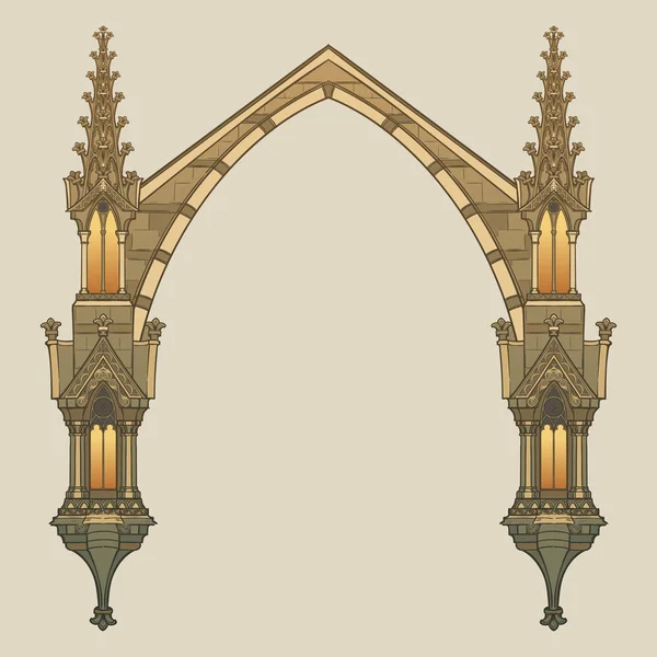 Estilo manuscrito medieval moldura retangular. Arco pontiagudo estilo gótico formado com contrafortes voadores . — Vetor de Stock