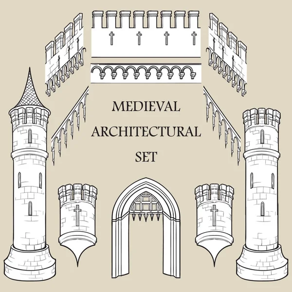 Set van de architectonische elementen van het middeleeuwse kasteel. Defencive structuren. Torens, kantelen, poorten. Ontwerpers kit. — Stockvector