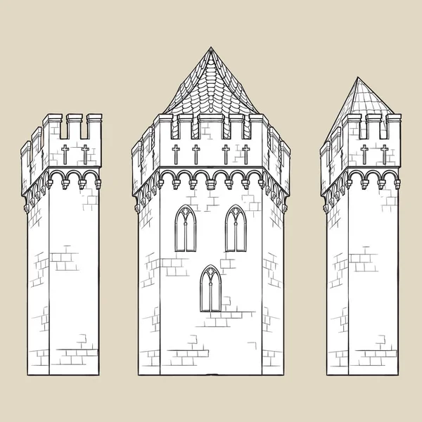 Tipikal istana abad pertengahan. Elemen untuk ilustrasi gaya abad pertengahan - Stok Vektor