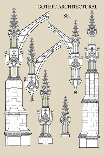 Conjunto dos elementos arquitetônicos góticos medievais. Amortecedores voadores, torres ornamentadas . — Vetor de Stock