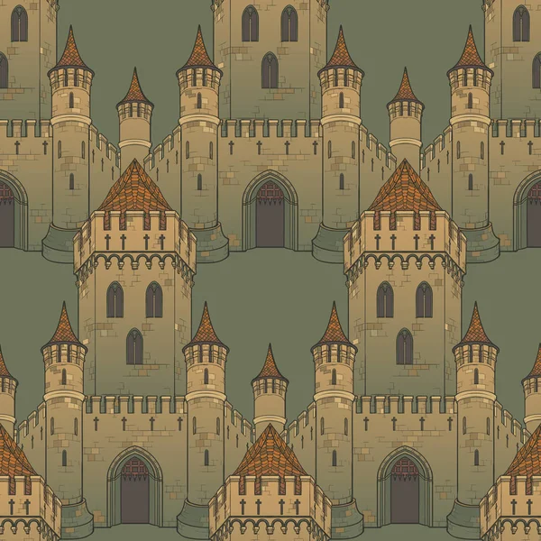 Mittelalterliche Stadtarchitektur. nahtloses Muster im Stil eines mittelalterlichen Wandteppichs oder einer illuminierten Handschrift. — Stockvektor