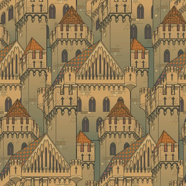 Arquitectura medieval de ciudad. Patrón sin costuras en un estilo de tapiz medieval o manuscrito iluminado . — Archivo Imágenes Vectoriales