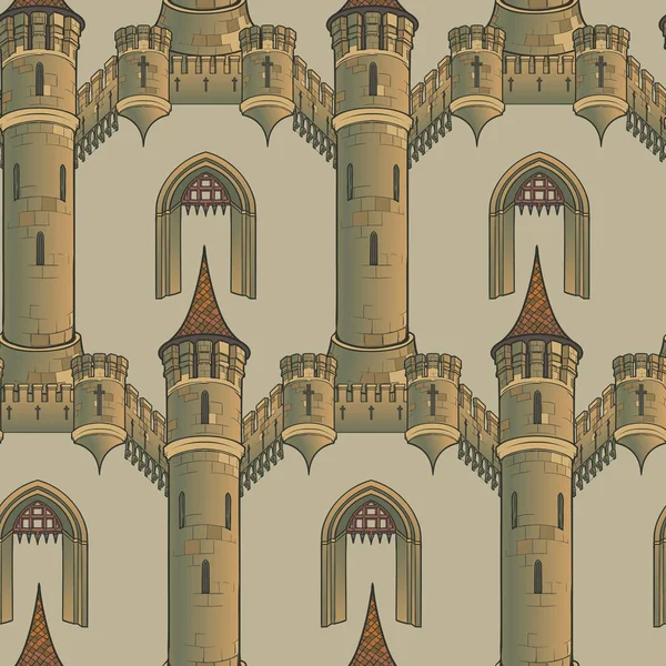 Ortaçağ Şehir mimarisi. Bir ortaçağ Goblen veya ışıklı el yazması bir tarzda seamless modeli. — Stok Vektör