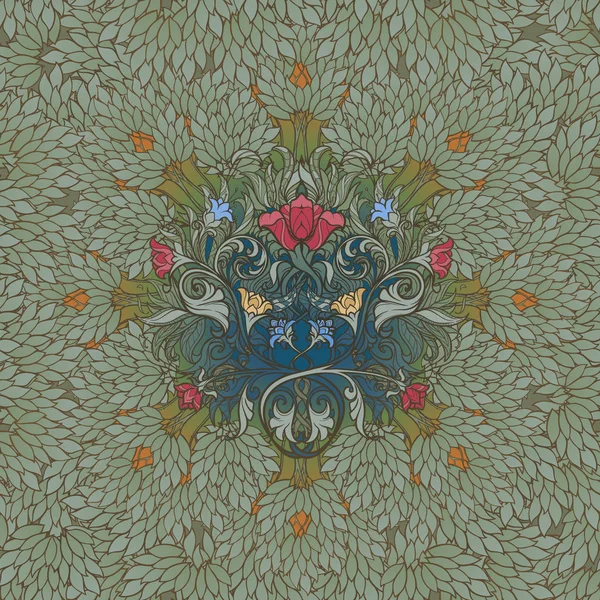 Dekorative Blumenkomposition mit stilisierten roten Mohnblumen und Blauglocken. Nahtloses Muster im mittelalterlichen gotischen Stil. — Stockvektor