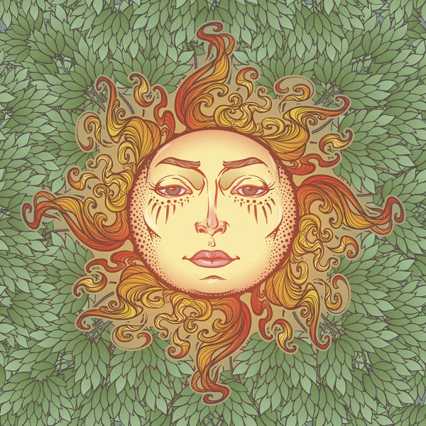 Composición decorativa con el sol rostro humano estilizado . — Vector de stock