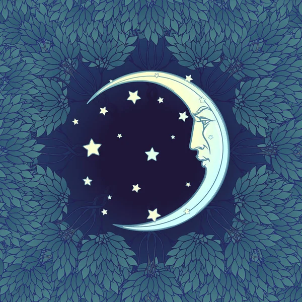 Dekoratív kompozíció stilizált emberi szembe Hold és a csillagok. — Stock Vector