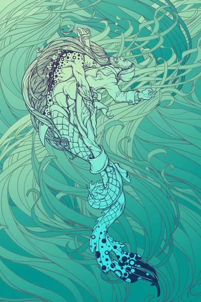 Tritón salvando a un pescador ahogado. Color. — Vector de stock