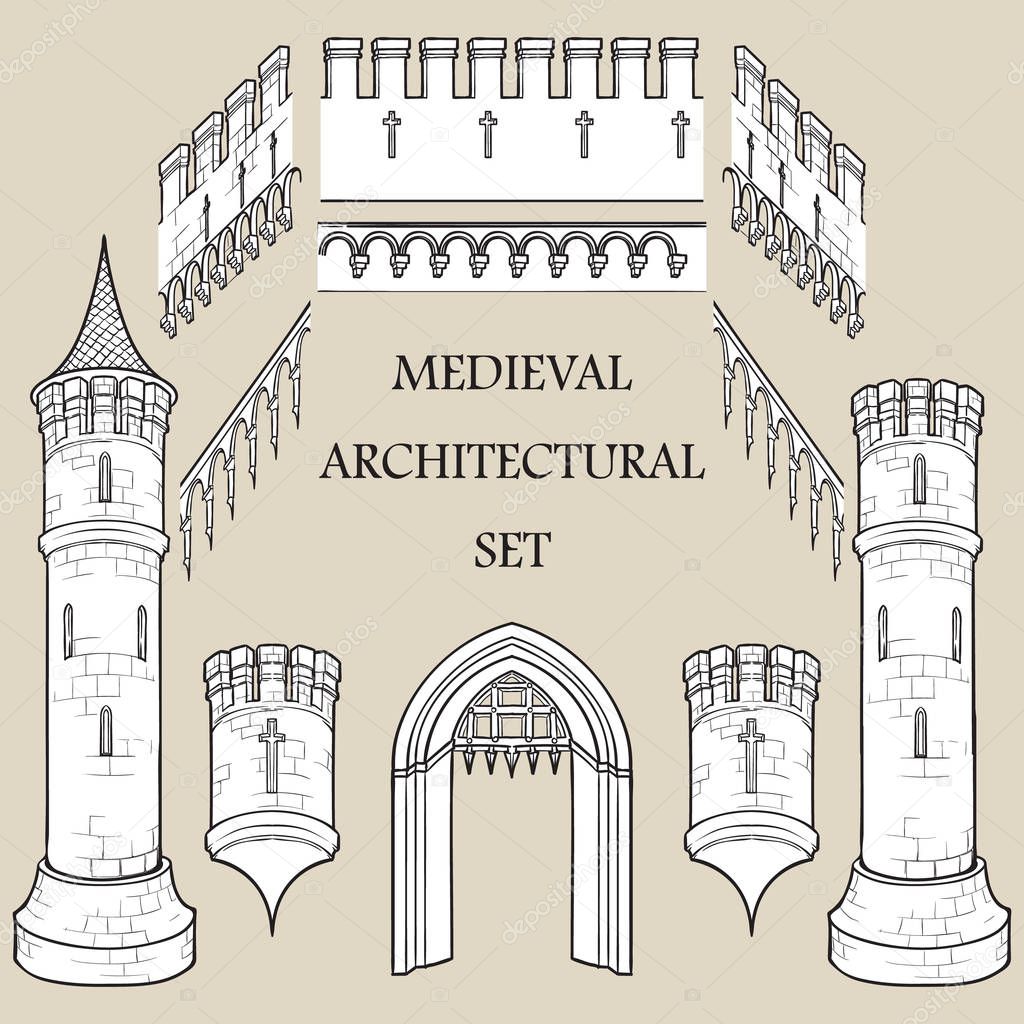 Set of the Medieval Castle architectural elements. Defencive structures. Towers, battlements, gates. Designers kit.