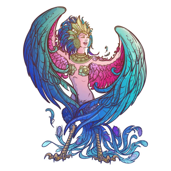 Sirin - mitad mujer mitad pájaro en los mitos rusos y cuentos de hadas. Cantar y reír . — Vector de stock