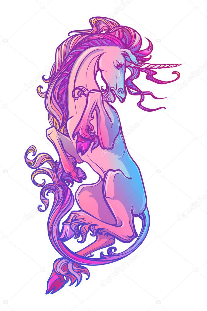 Unicorn laying on his back. Fantasy concept art for tattoo, logo, colouring books for kids and adults. Trendy color drawing isolated on white background