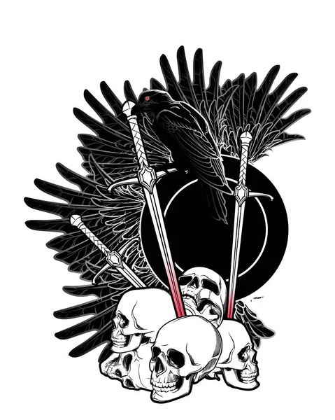 Alegoría de la guerra. Calaveras humanas, espadas y cuervo. Arte conceptual, tatuaje o diseño de cartas del tarot. Dibujo blanco y negro — Vector de stock