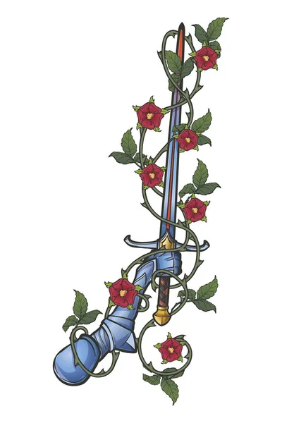 Mão segurando uma espada decorada com guirlanda rosa isolada em fundo branco. Paleta de cores vintage. Ilustração do vector EPS10 — Vetor de Stock