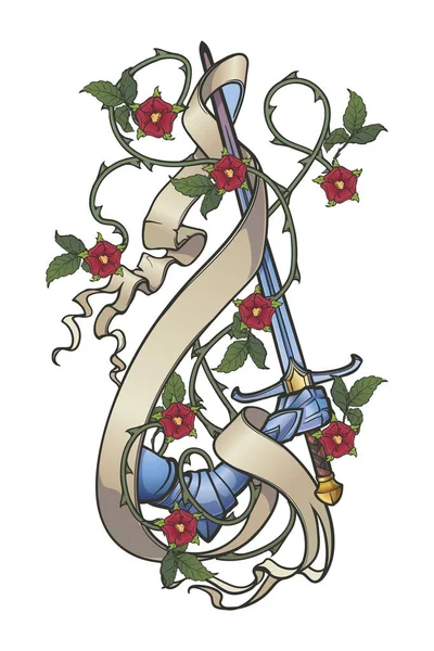 バラの花輪で飾られた剣、白い背景で隔離のバナーを持っている手。ビンテージ カラー パレット. — ストックベクタ