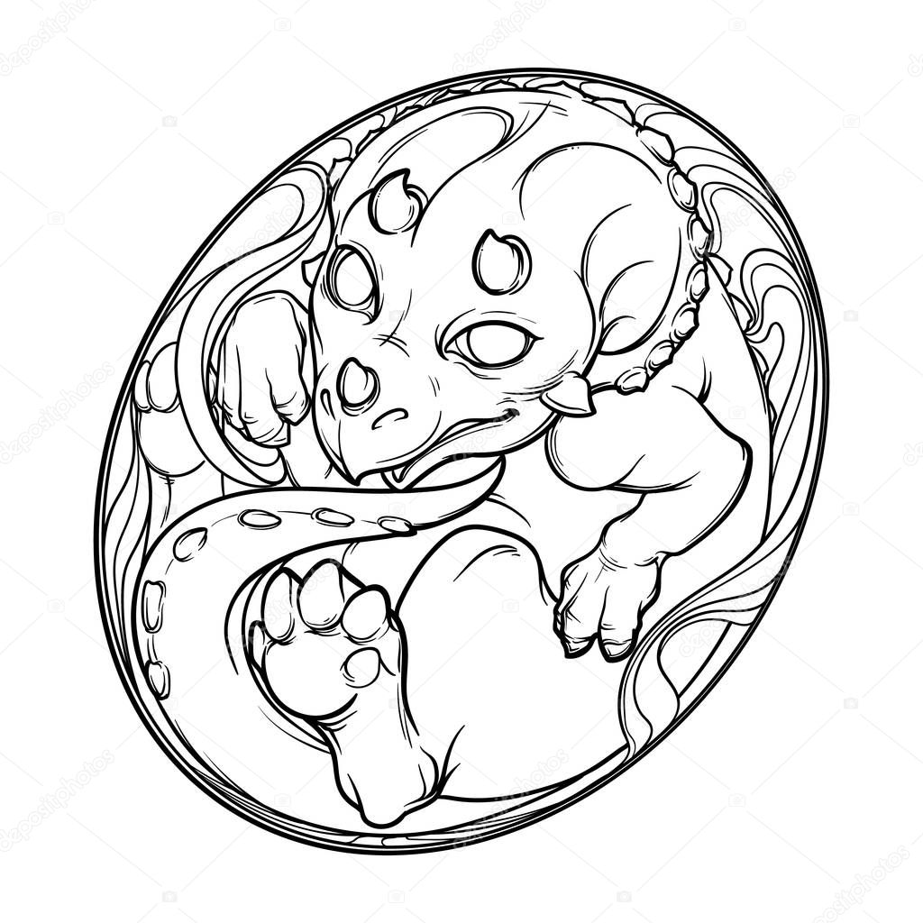 Baby Triceratops in the egg. Cute animal drawing. Sketch style illustration.