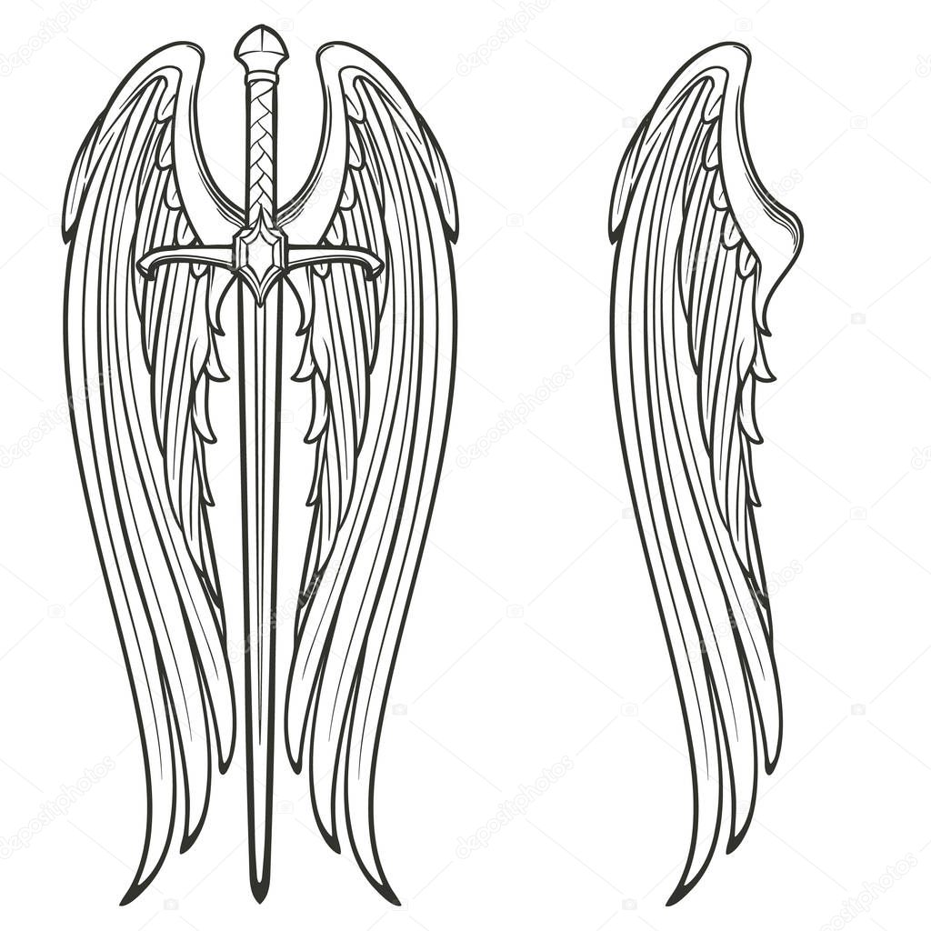 Sword and angel wings.