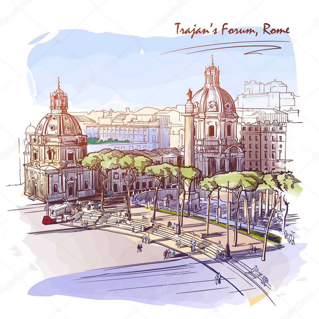 Forum of the Emperor Trajan in Rome, Italy. Painted sketch.