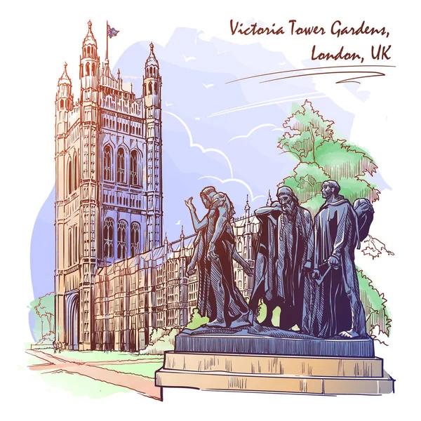 Estatua de los ciudadanos de Calais con la Torre Victoria y las Casas del Parlamento detrás . — Vector de stock