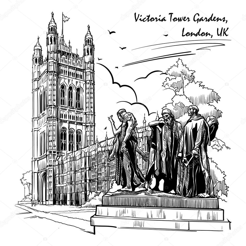 Citizens of Calais statue with the Victoria Tower and the Houses of Parliament behind.