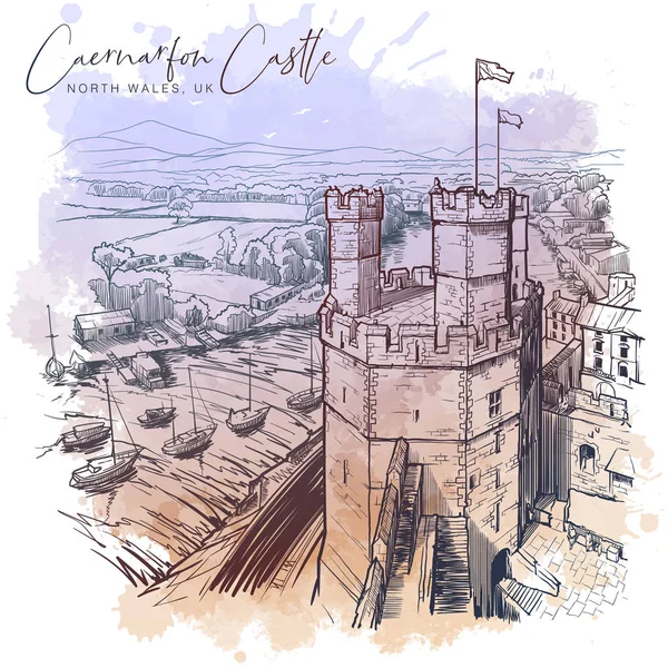 Castillo de Caernarfon, Gales del Norte, Reino Unido, con un magnífico panorama de Snowdonia detrás — Vector de stock