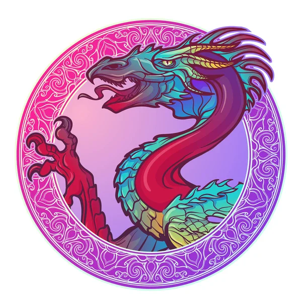 De draken hoofd fel gekleurd omcirkeld in een decoratief frame en geïsoleerd op een witte achtergrond. — Stockvector