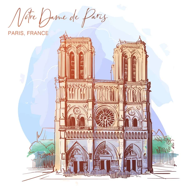 Notre Dame de Paris cathedral beautiful facade. Linear sketch on a watercolor textured background. — Stock Vector
