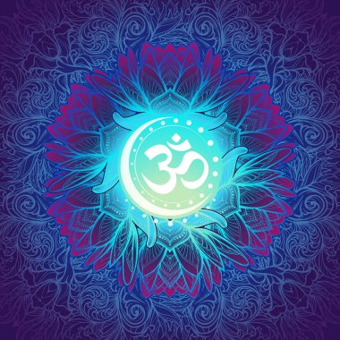 Om a Sacred mantra and a symbol of Hinduism. Decorative floral background clipart
