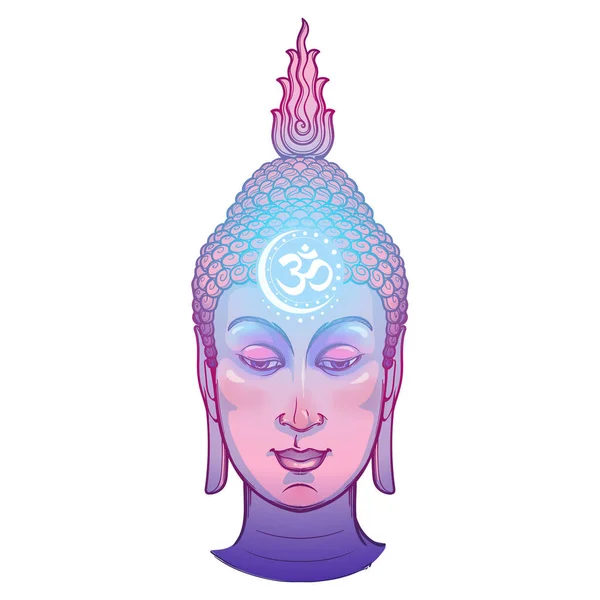 Głowa Buddy ze świętym symbolem OM świecącym na czole. Skomplikowany rysunek ręczny na białym tle — Wektor stockowy