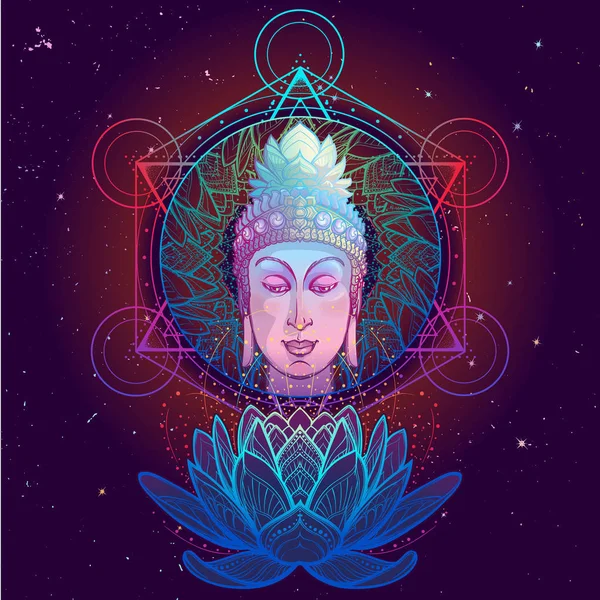 Cabeza de buda con un símbolo sagrado om brillando en su frente. Chakra anahata dibujo sobre un fondo . — Vector de stock