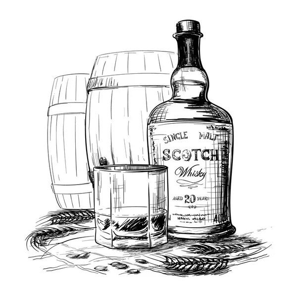 Botella de whisky escocés, vidrio y barriles con algunas espigas de cebada y granos. Dibujo estilo tinta blanco y negro aislado sobre fondo blanco . — Vector de stock